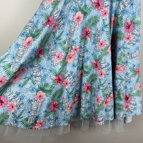 Hot Topic Tiki Blue Floral Swing Dress Small Summer Hawaiian Themed Retro 1950s - Picture 6 of 9